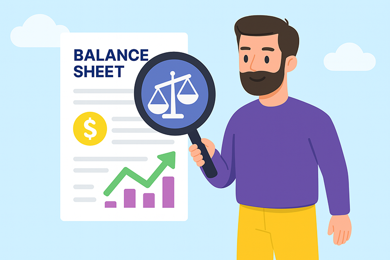 Alt Text Mand med skæg holder forstørrelsesglas foran skattemappe og årsrapport – illustration om virksomheders årsregnskab og skatteregler.