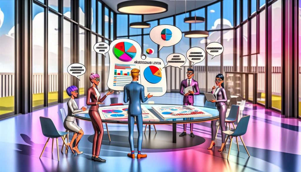"Vibrant office scene: Understanding årsregnskab with friendly professionals, robot, and colorful charts."