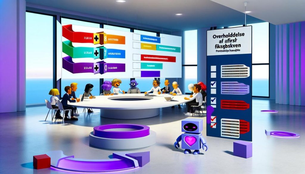 Stilfuld tegneserie om virksomheders årsrapportering med diverse team og robotassistent.