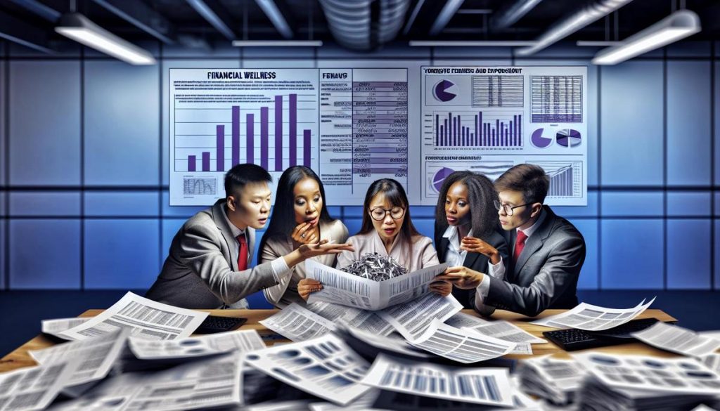 Hyperrealistic image of professionals analyzing financial report in intense business setting.