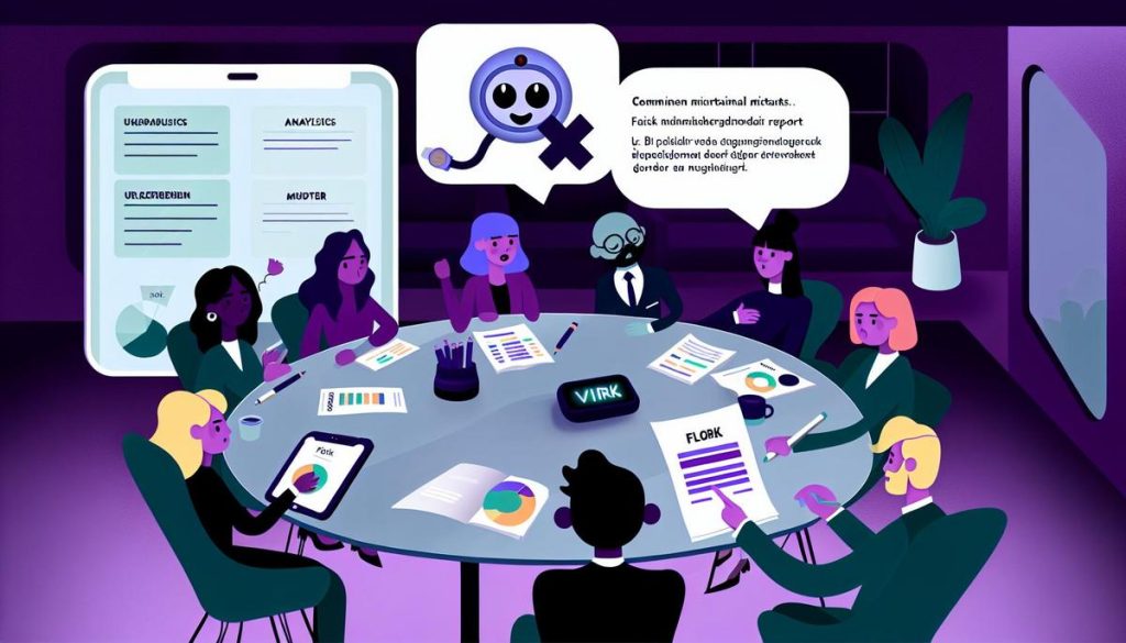 "Cartoon office scene: Diverse group discussing colorful financial report with assistance robot."