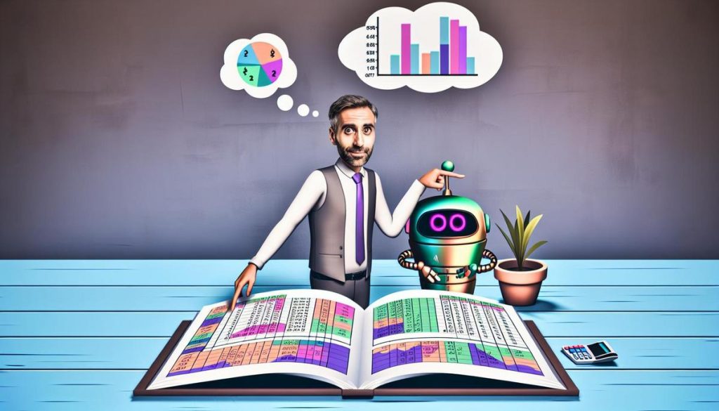 Alternativ tekst til billede: Illustration af bogføring i enkeltmandsvirksomhed med robotassistent.