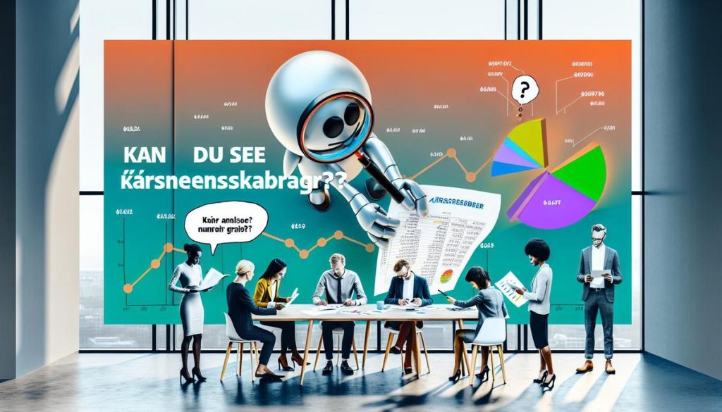 Beskrivelse af kontor med forretningsfolk, årsregnskab, og venlig robot.