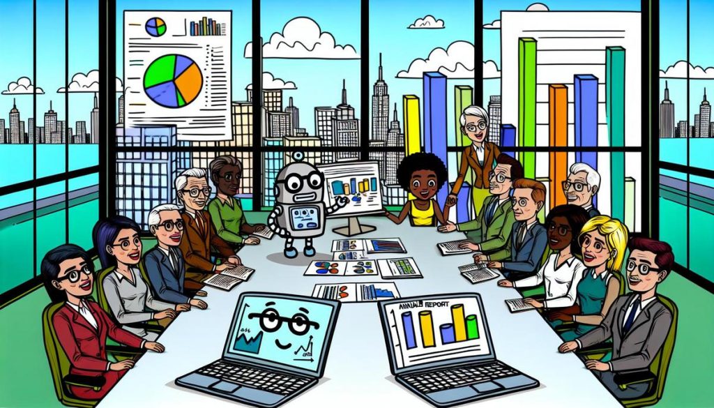"Se virksomheds årsregnskab" - Cartoon kontor med forretningsfolk og teknologisk hjælp.