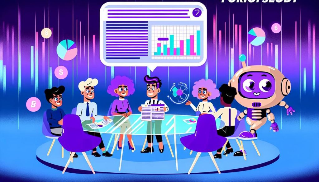 "Firma regnskab offentligt" cartoon: Diverse business team analyzes transparent financial report with robot.