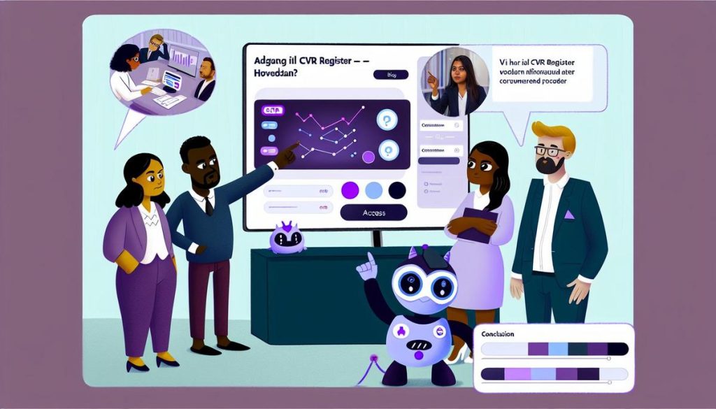 "Whimsical office scene with diverse professionals accessing CVR Register on a digital screen."