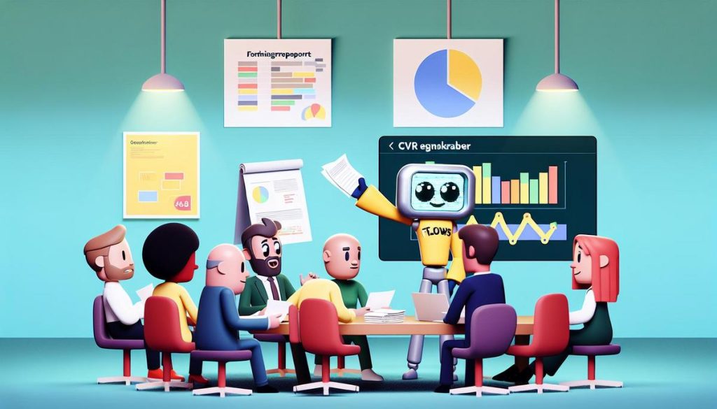 "Whimsical office scene with robot "Flows" presenting financial reports and professionals discussing."