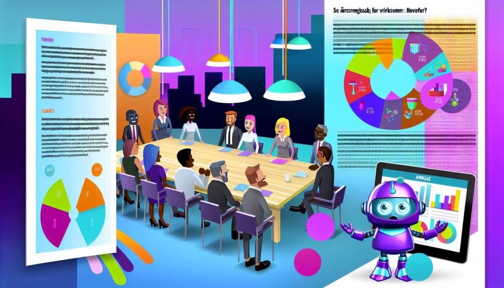 Illustration alt text: Diverse cartoon characters in colorful office scene analyze annual financial report with robot.