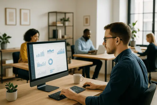 Danish: "Billedbeskrivelse: Kontor diskussion om årsregnskaber med finansiel robot og erhvervsmand"