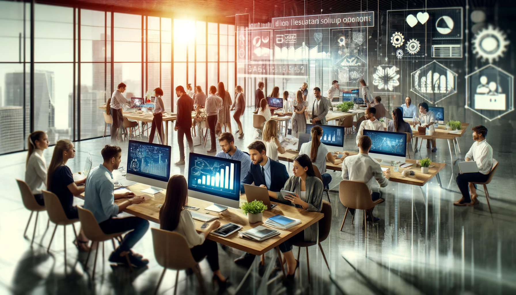 Kontorlandskab med medarbejdere der arbejder på computere med grafer og datavisualiseringer