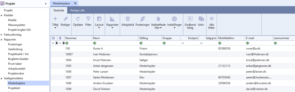 Skærmbillede af Uniconta medarbejderdata, der synkroniseres med Intempus