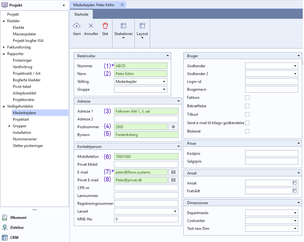Skærmbillede af Uniconta medarbejder konfigurationsvindue, der viser mapping af felter