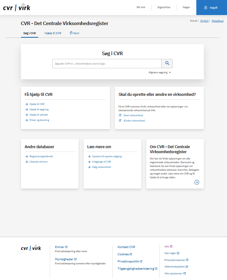 Hjemmeside for CVR - Det Centrale Virksomhedsregister